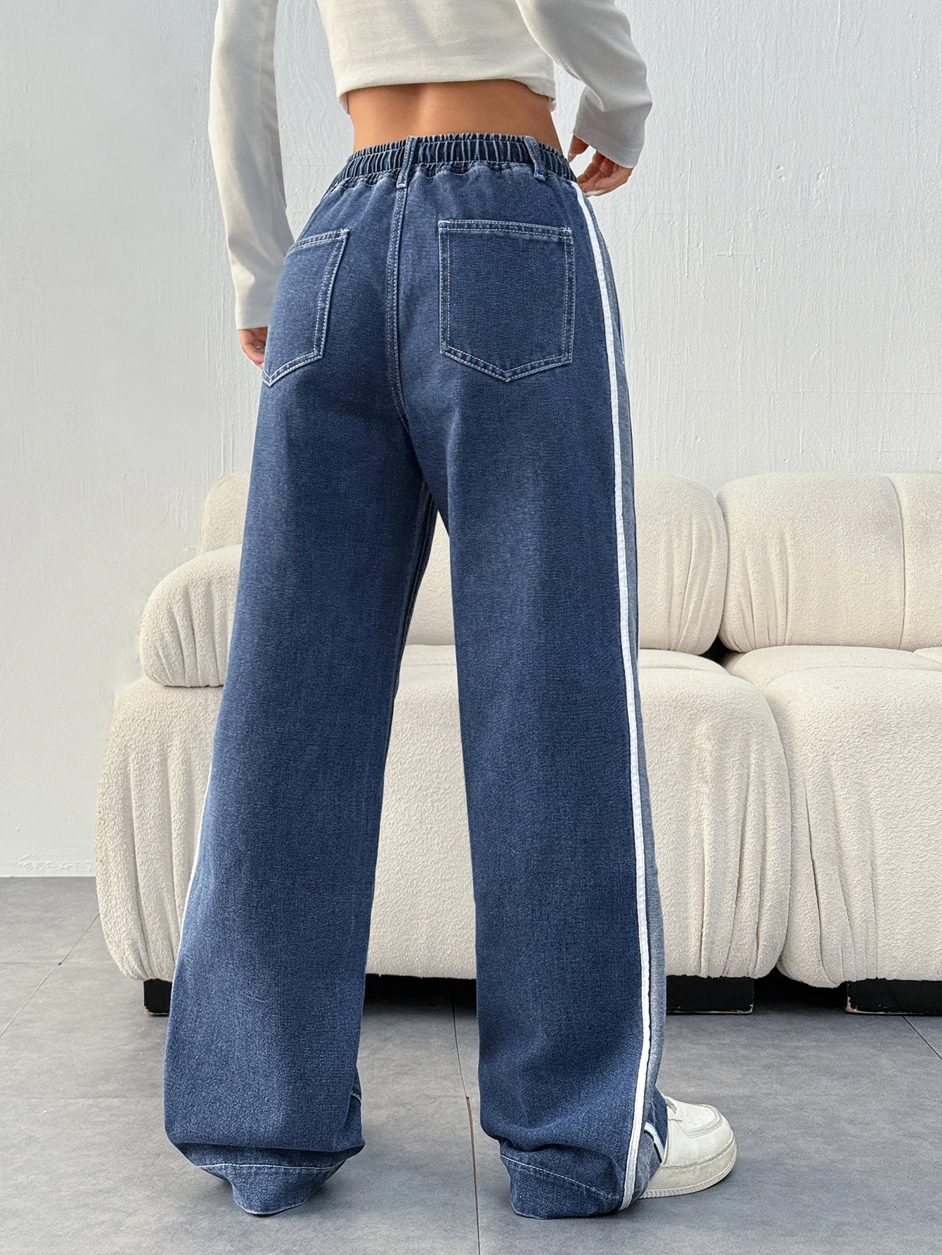 Jean coupe ample de Style décontracté pour femmes, avec cordon de serrage à la taille et poches inclinées, Denim Patchwork bloc de couleur, lavable en Machine