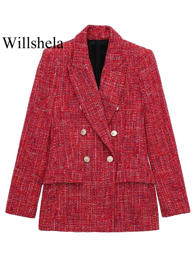 

Willshela Women Fashion With Pockets Texture Double Breasted Blazer Vintage Notched Neck Long Sleeves Female Chic Lady Outfits