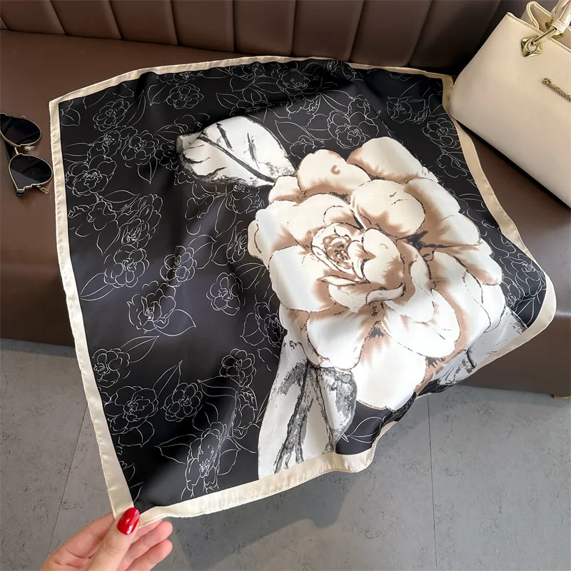 Summer 70cm Hair Print Silk Feeling Scarf For Women Fashion Flowers Neck Tie Hand Bag Foulard Wrist Kerchief Shawl Wraps Hajib
