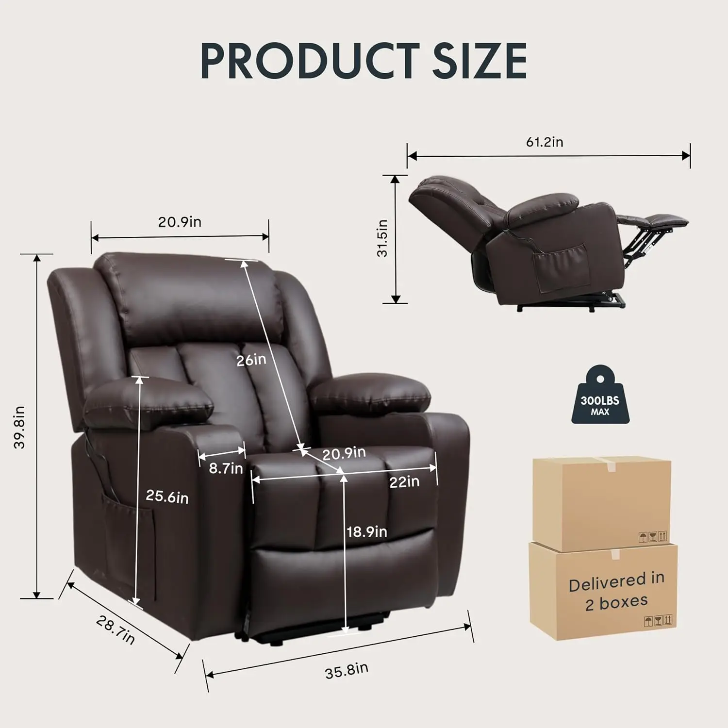 XL31 Power Lift Recliner Chair for Elderly, Electric Lift Chair with Massage & Heat PU Leather Reclining Sofa w/Cup Holders Side