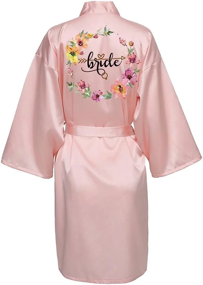 Women Silk Satin Short Night Printing Robe Kimono Fashion Bath Sexy Bathrobe Femme Wedding Bride Bridesmaid women sleepwear,bride robes,silk robe