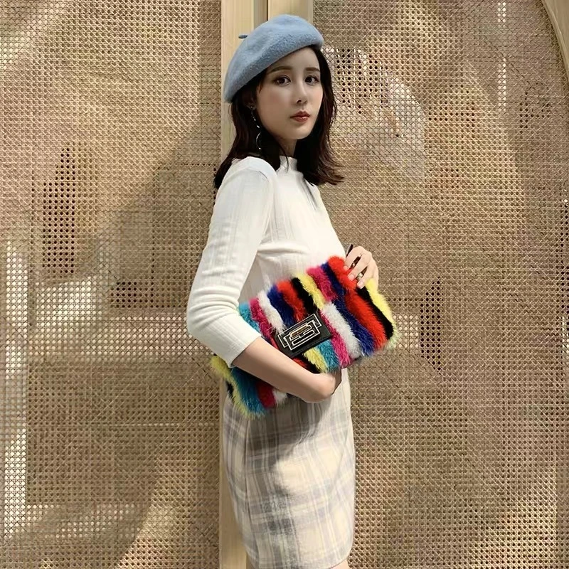 Women's Temperament Fashion Fur Shoulder Bag Colorful Striped Mink Fur Shoulder Bag Real Cowhide Chain Embellished Crossbody Bag