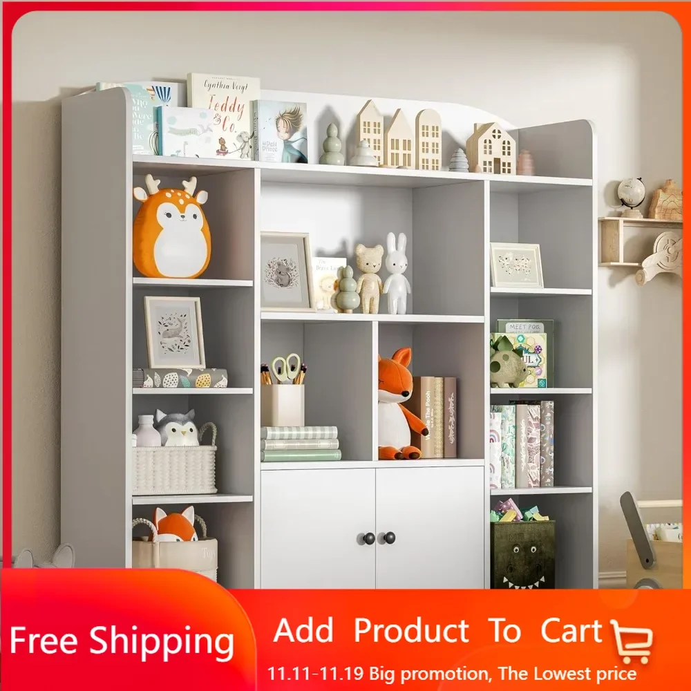 White Kids Bookshelf, Kids Bookcase with 11 Cubbies and 2 Cabinets, Freestanding Book Storage Shelves for Bedroom