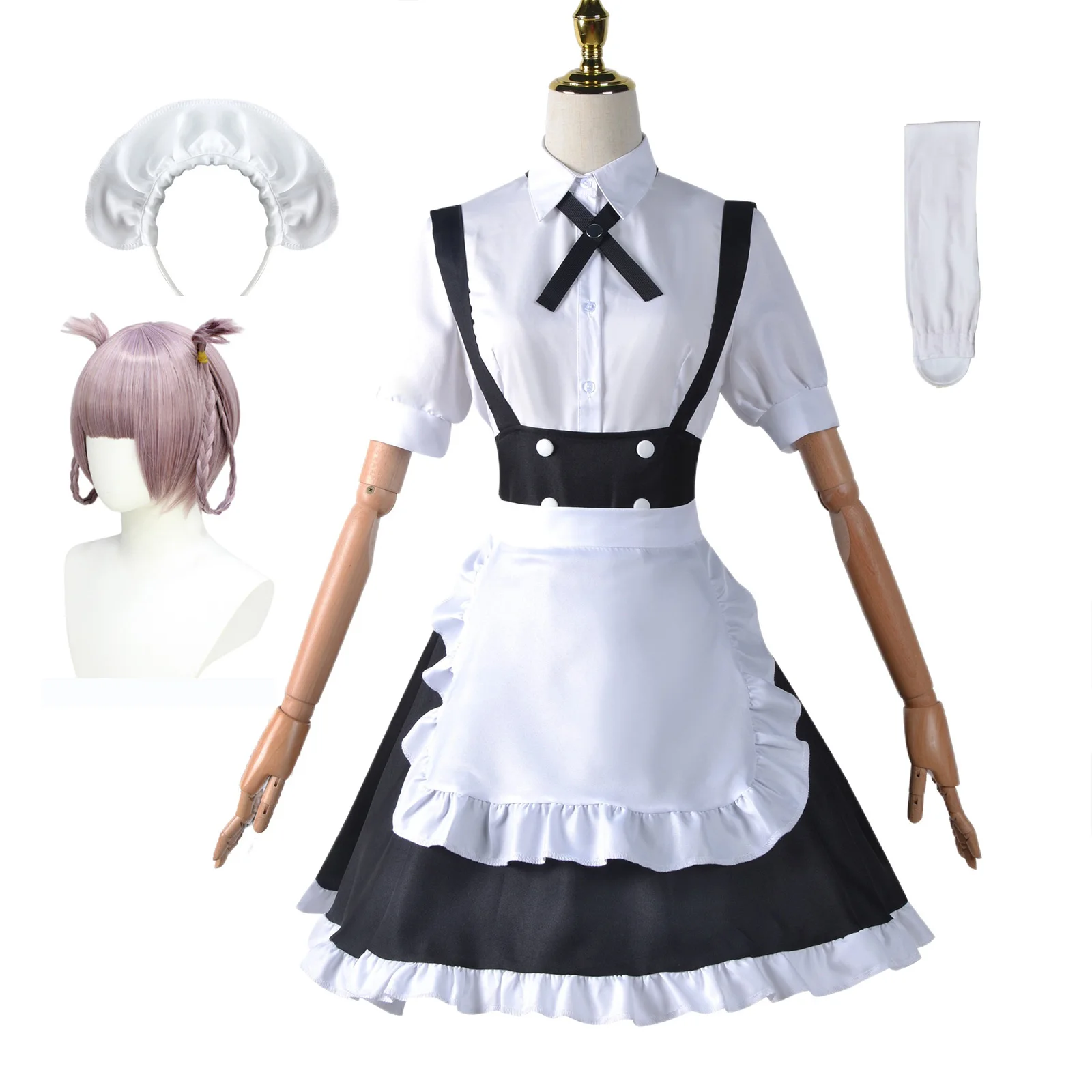

Halloween for Nanakusa Nazuna Cosplay Costume Pink Wig Little Piatail Yofukashi Party Props Halloween Maid Dress Carnival Cos