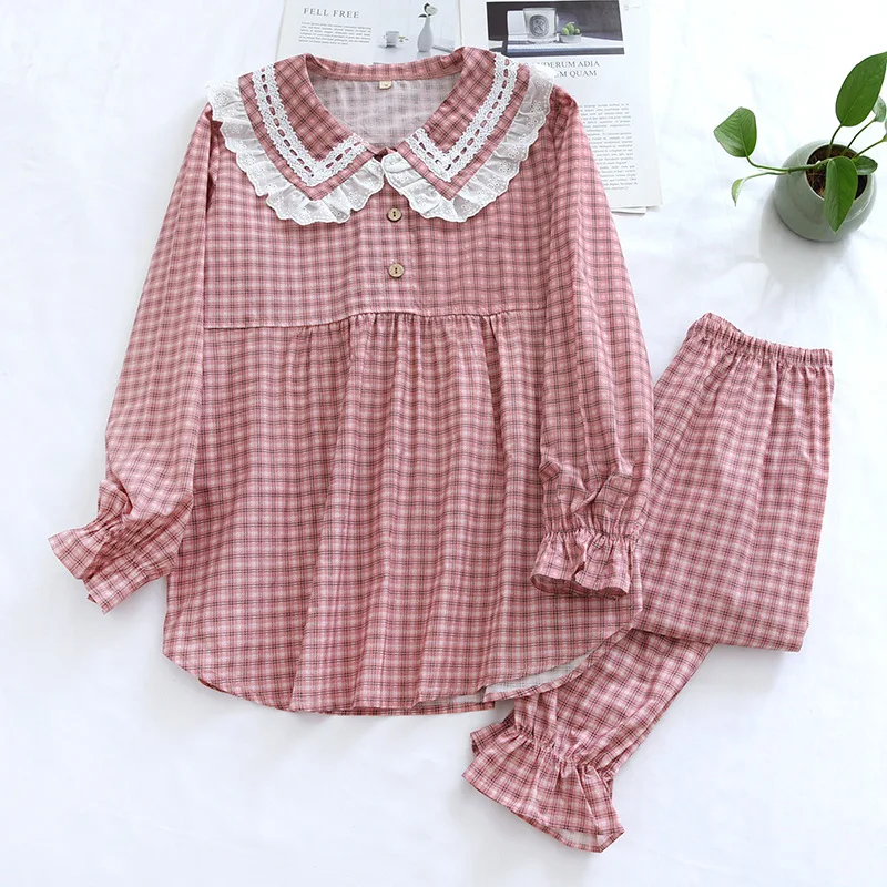 

Women's Cotton Pajama Set Long Sleeve Loose Pants Pullover Loungewear Thin Plaid Comfortable Style Home Clothes Night Wears
