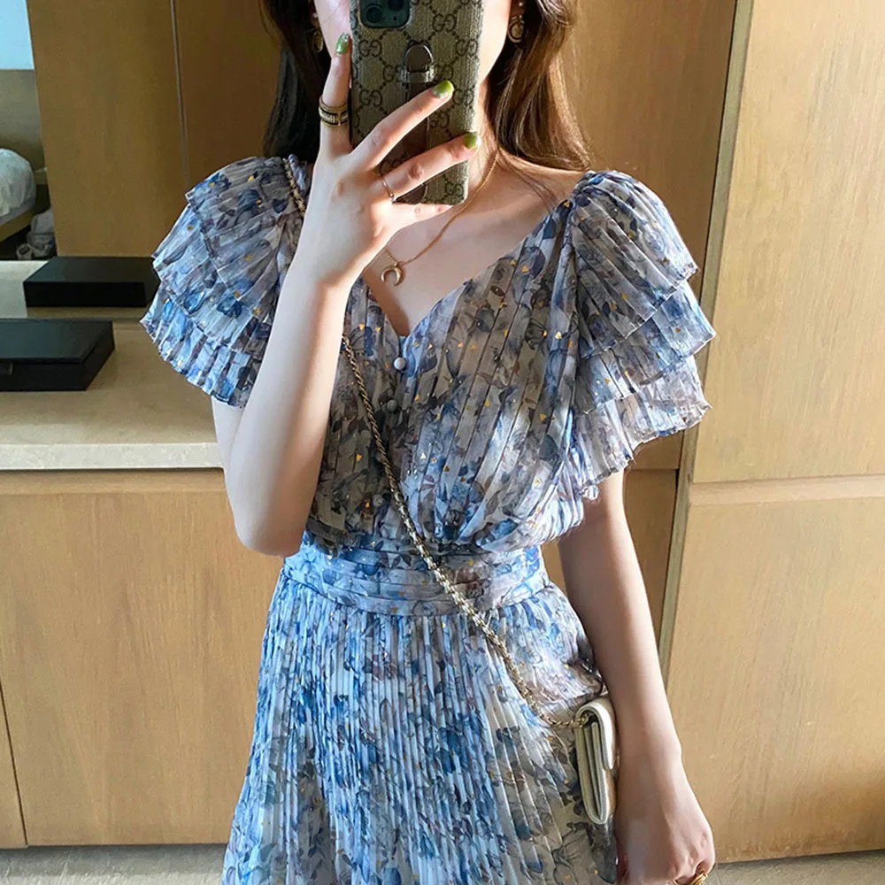

Chiffon Dress Women's Summer Korean Fashion Slim Flower Print V-neck Lace Up Fairy Dress Ladies Elegant Long/Short Vestidos