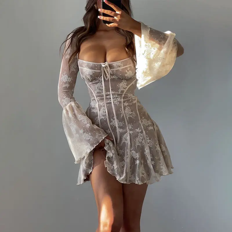 

Women Pleated Low Cut Square Neck Long Sleeve Dress Mori Fresh Embroidery Slim Short Dress Spice Girl Style Winter