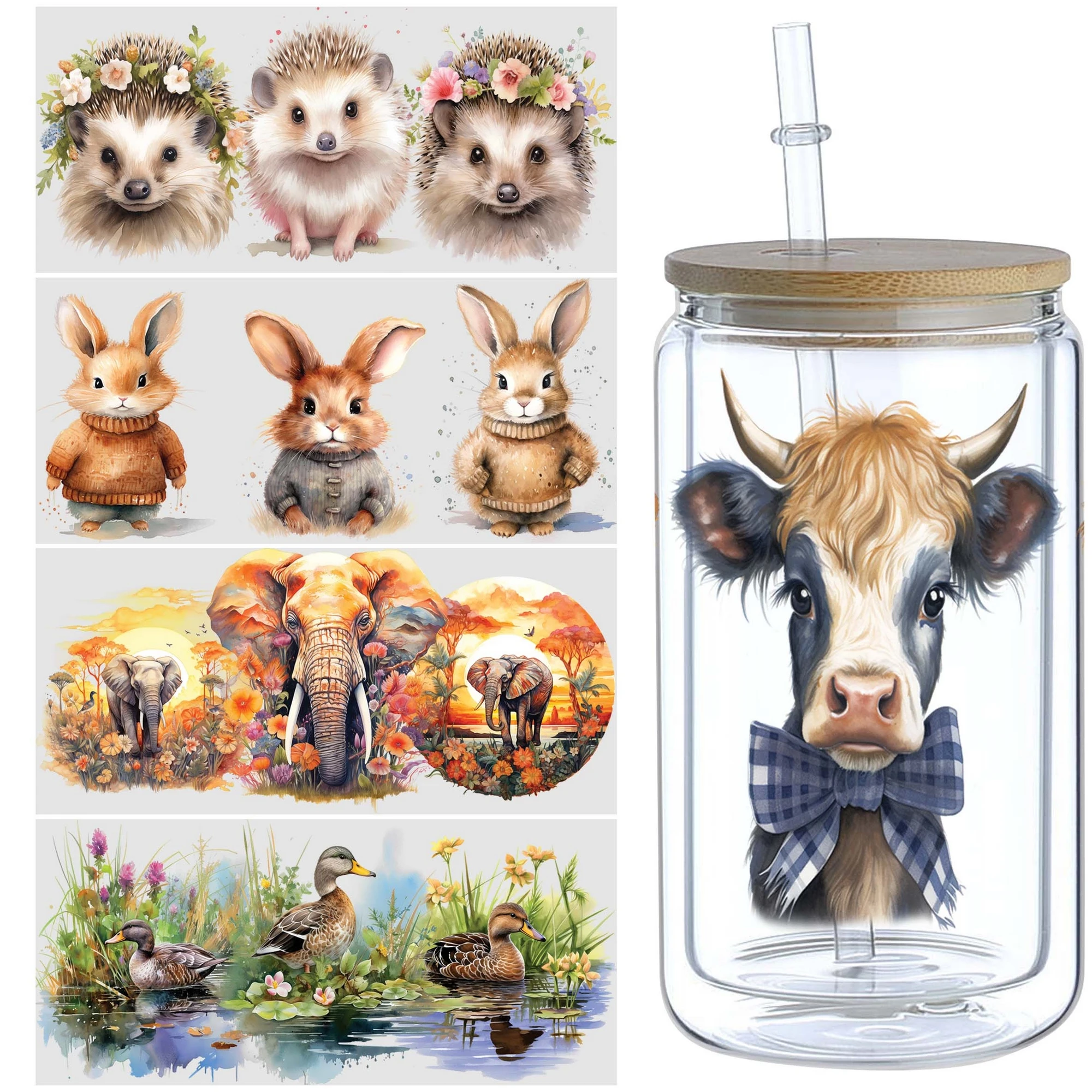 5 Sheets Rabbit Hedgehog Cow Duck Elephant Animal UV DTF Glass Cup Packaging Wipe-On Transfer Stickers for 16 Ounces Glass