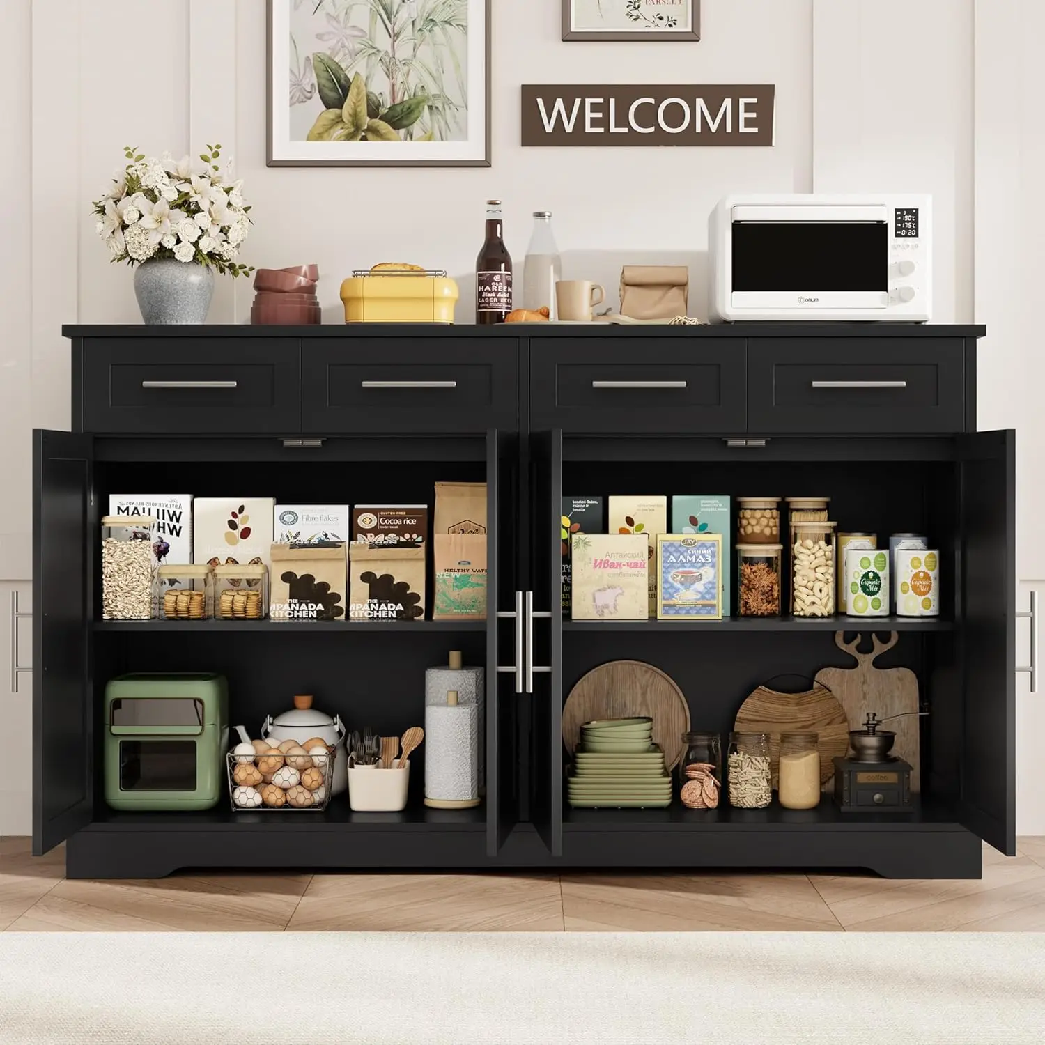 60" Large Buffet Sideboard with Storage, 36" Tall Kitchen Buffet Storage Cabinet with 4 Drawer, Modern Coffee Bar Cabinet with S