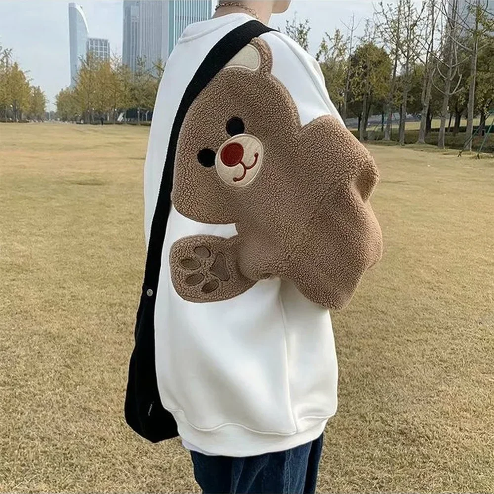 New Cute Harajuku Shirt Design Bear Pattern Street Clothing Men's Long Sleeve Shirt Casual Sports Shirt Men's Top Couple Style