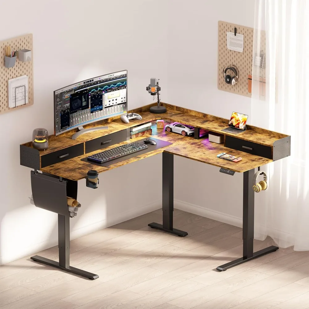 "electric l-shaped adjustable height desk with 3 drawers and monitor shelf for corner computer setup"