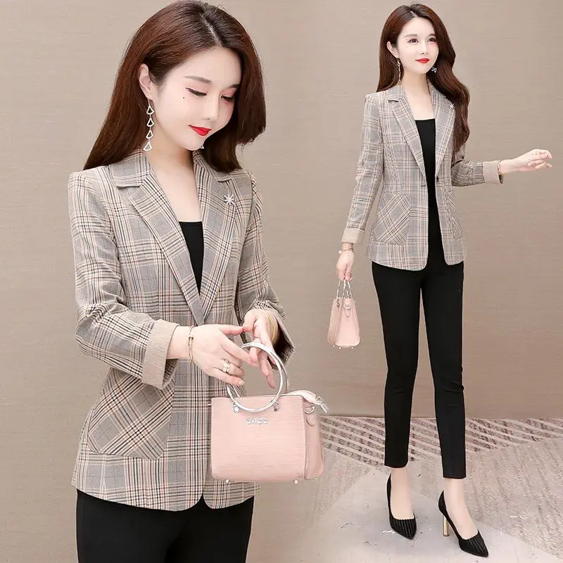 

L-4XL Womens Blazers Coat Autumn Female Suit Jackets Double Breasted Plaid Slim Casual Simplicity Ladies Outerwear Clothes Hw60