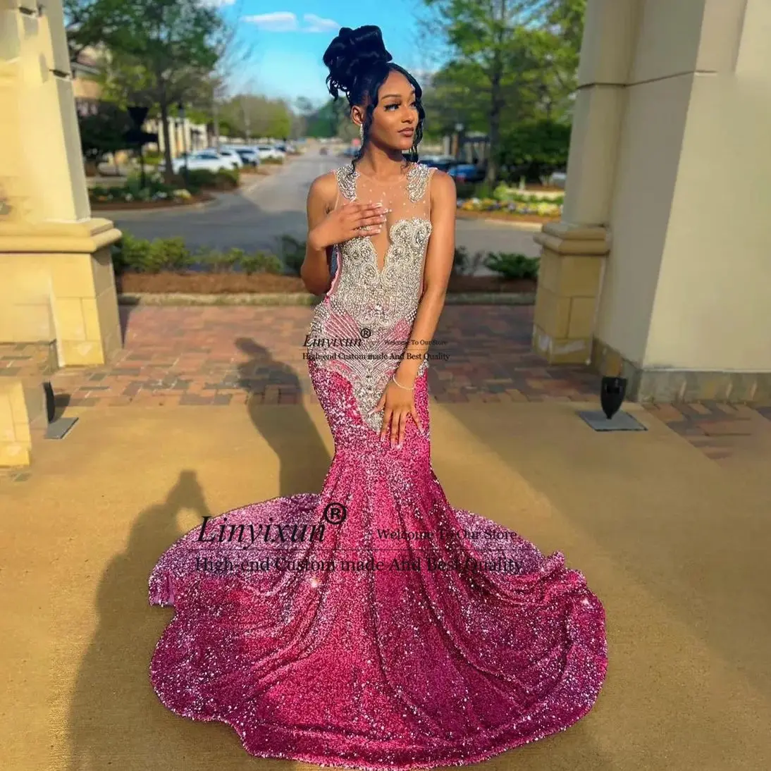 

Luxury Long Prom Dresses 2024 Diamonds Mermaid Style Sparkly Rhinestones Crystals Sequin Black Girls Prom Party Formal Gowns