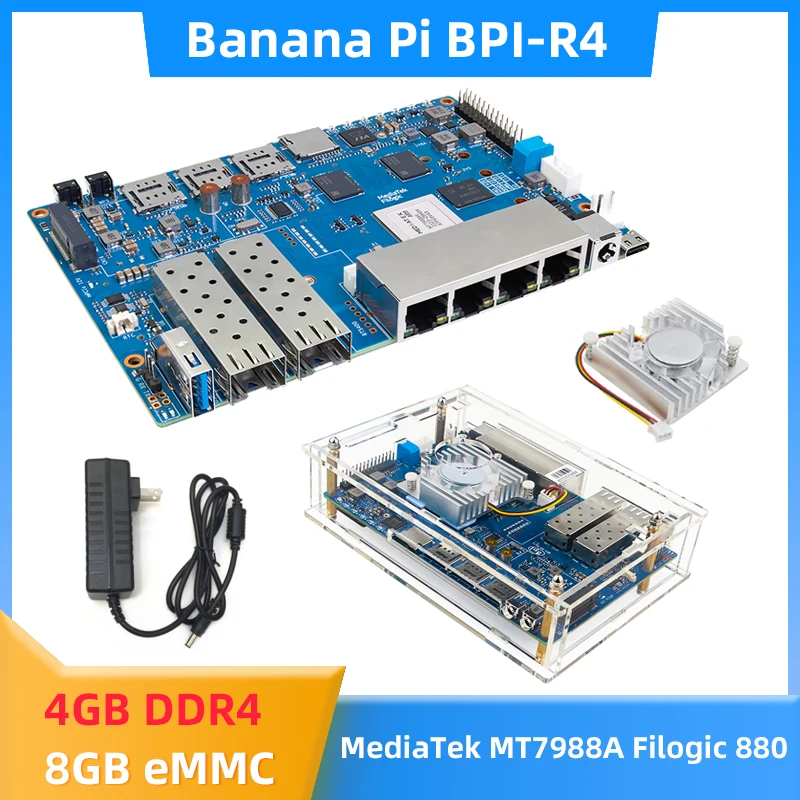 Banana Pi BPI-R4 MediaTek MT7988A (Filogic 880) 4GB DDR4 8G eMMC 128MB SPI NAND Flash Smart Router Board Optional Case Fan