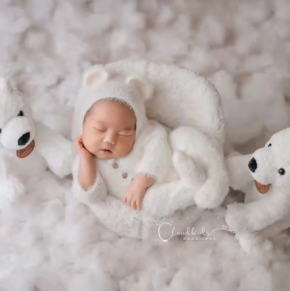 0-1 mês bebê menino menina urso bodysuits outfit newborn fotografia adereços de malha vison cabelo macacão fotografia adereços