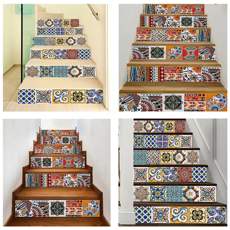 

6pcs/13pcs Geometric Stair Stickers Self Adhesive Waterproof PVC Stairway Stair Riser Mural Wallpaper DIY Home Decorations