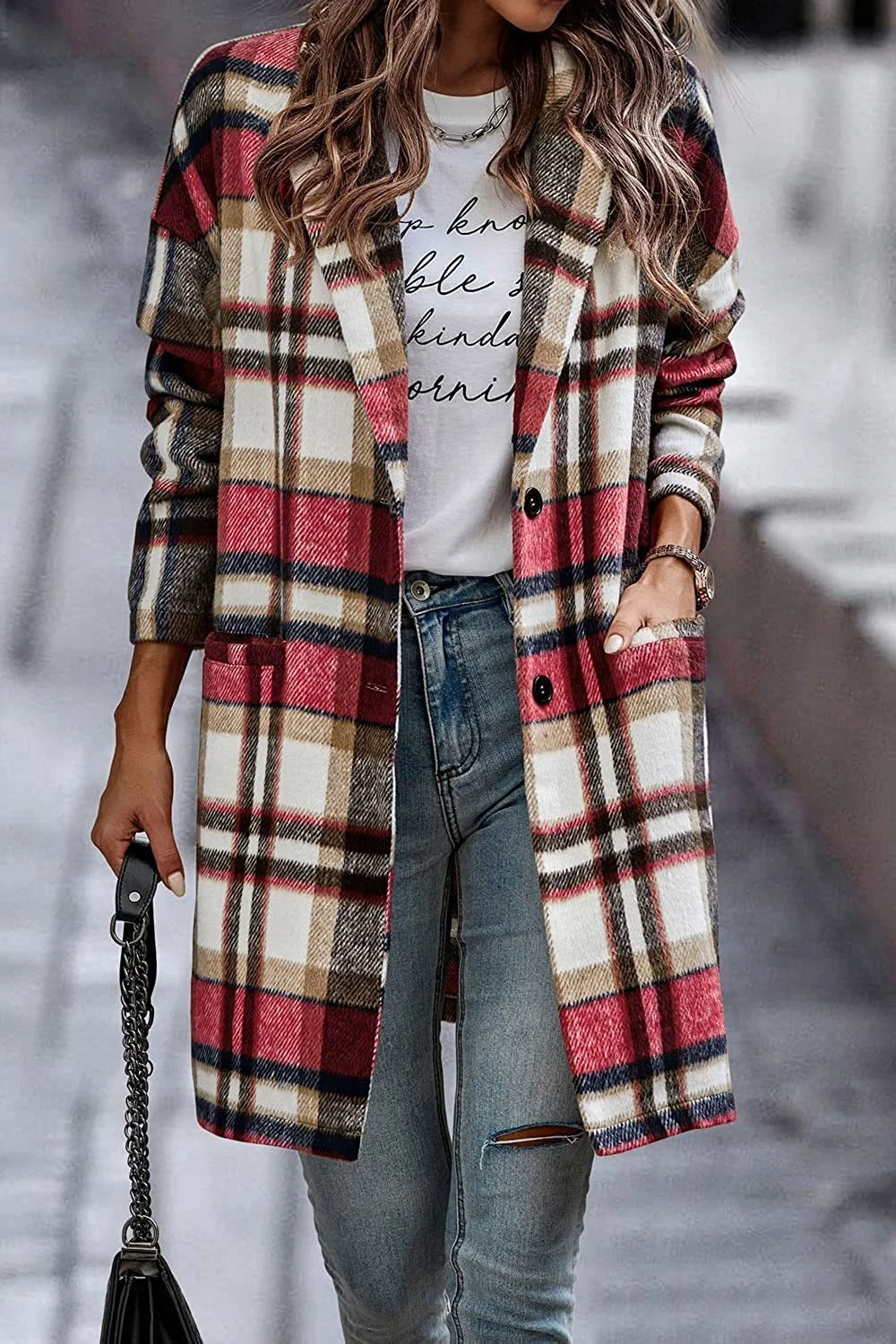 Autumn Winter Women's Lapel Pocket Plaid Wool Jacket Coat