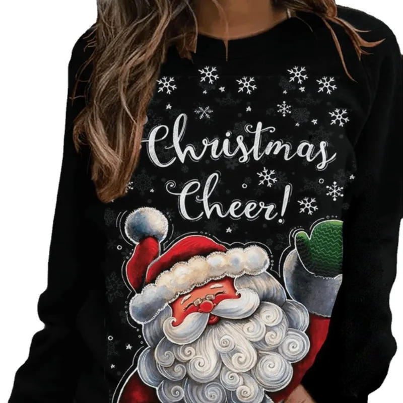 Spring and Autumn Women's Pullover Round Neck Christmas Letter Cartoon Printed Sweatshirt Bottom Sweatshirt Fashion Casual Tops