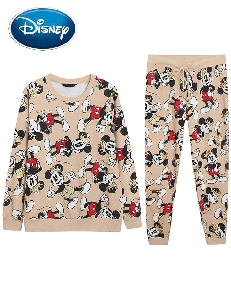 Disney Sweatshirt Fashion Mickey Mouse Bright Cartoon Print Fleece Women  O-Neck Long Sleeve Jumper Tops Pants Trousers 1 Sets