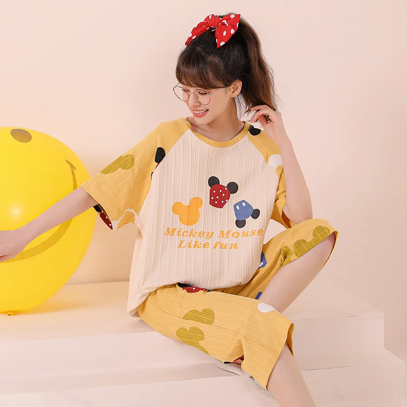 New Arrivals Cotton Short Sleeve Summer Short Sleeved Women Pajamas Set Pyjamas Women Sleepwear Cute Crew Neck Suit homewear