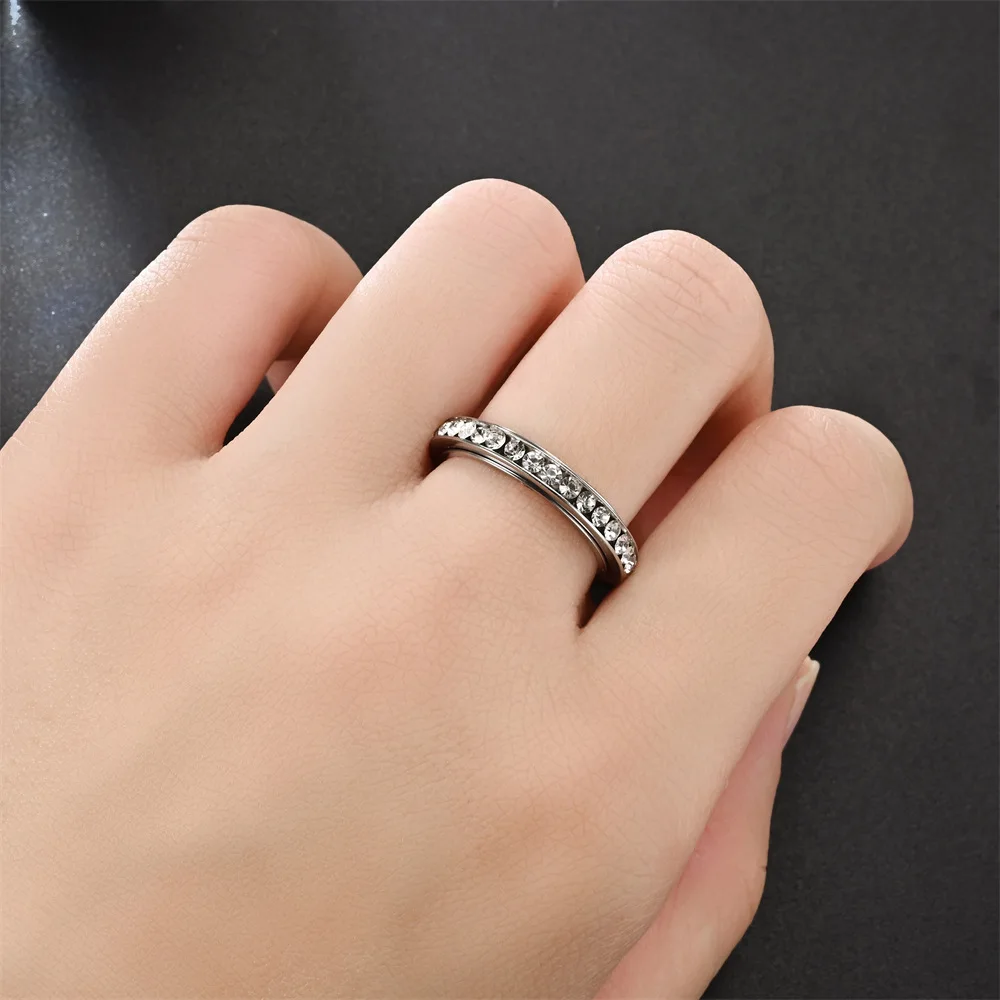 Stainless Steel Spinner Finger Rings For Women 4MM Crystal Rotatable Wedding Ring Men Fashion Anniversary Party Jewelry