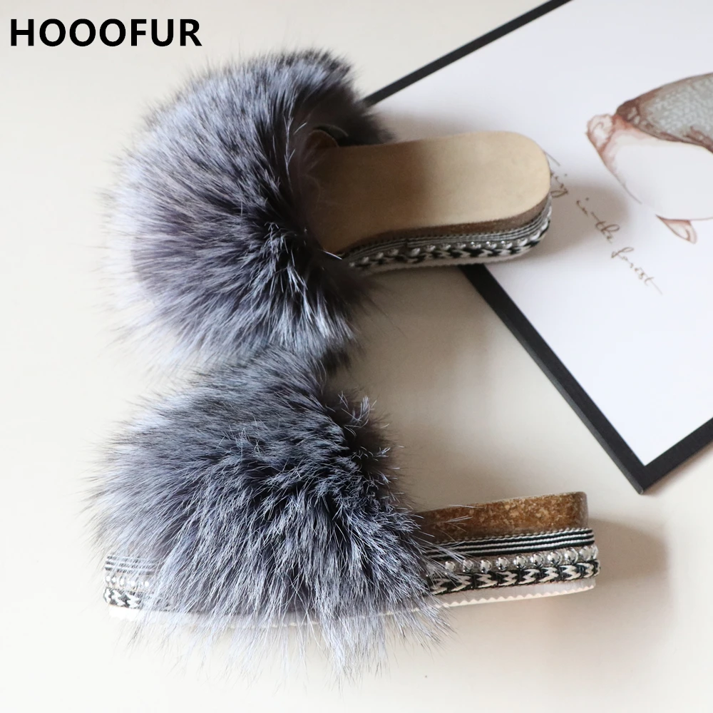 

HOOOFUR 2020 New Women's Real Fox Fur Slippers Summer Fashionable Thick Sole