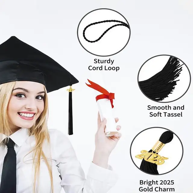 GRADFTY 10-Pack 2024 Graduation Tassels With Gold Charms - Black, 9 Inch, Standard Cap Tassel