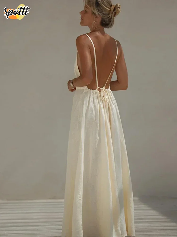 100% Linen Women Backless Strap Maxi Dress main image 0