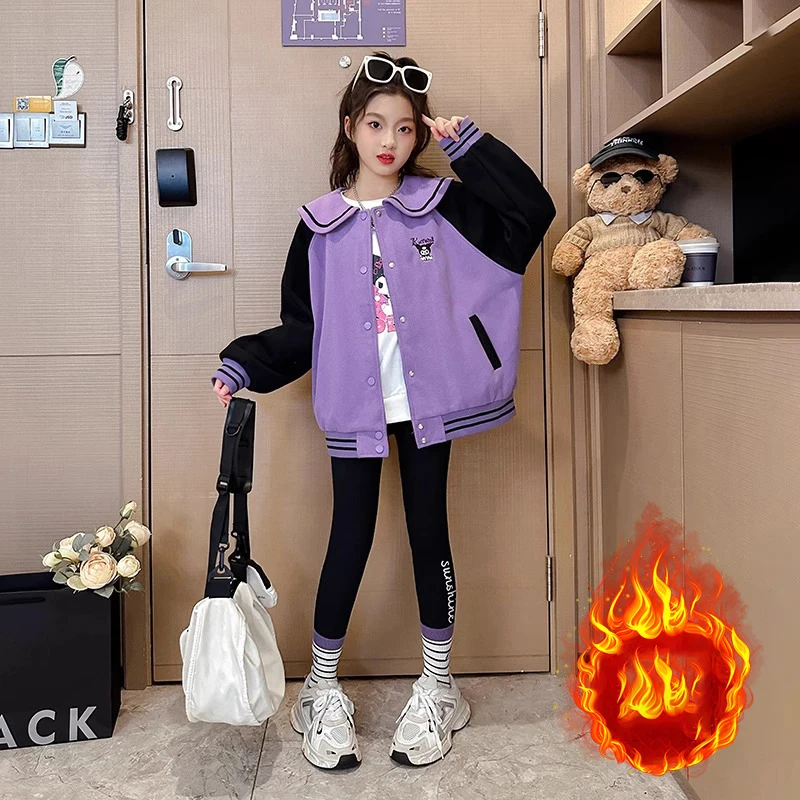 

Kawaii Kuromi Girl Winter Velvet Thick Coat Anime Sanrio Children Autumn Baseball Uniform College Style Jacket Cartoon Outerwear
