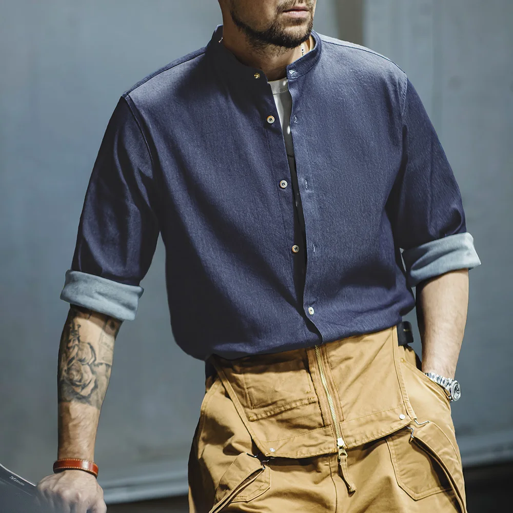 Maden Retro Cool Ice Silk Denim Shirt with Washed Round Neck Casual Solid Color Long-sleeved Shirt for Men's Autumn