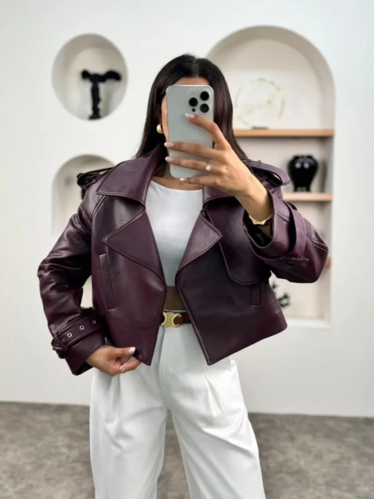 Women Retro Burgundy Leather Short Jacket Fashion Big Lapel Full Sleeves Pocket Loose Coats Lady Autumn Chic High Street Outwear 3