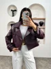 Women Retro Burgundy Leather Short Jacket Fashion Big Lapel Full Sleeves Pocket Loose Coats Lady Autumn Chic High Street Outwear 3