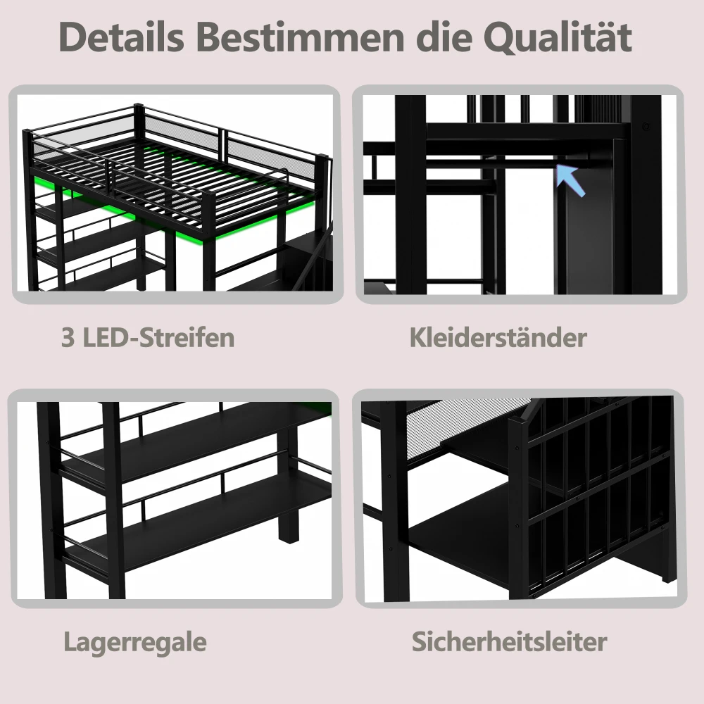 90x200cm Hochbett, mit LED-Lichtleiste und Steckdose, Schmiedeeisernes Bett mit Stauraum und Bücherregal, Einzelbett – Detail 6