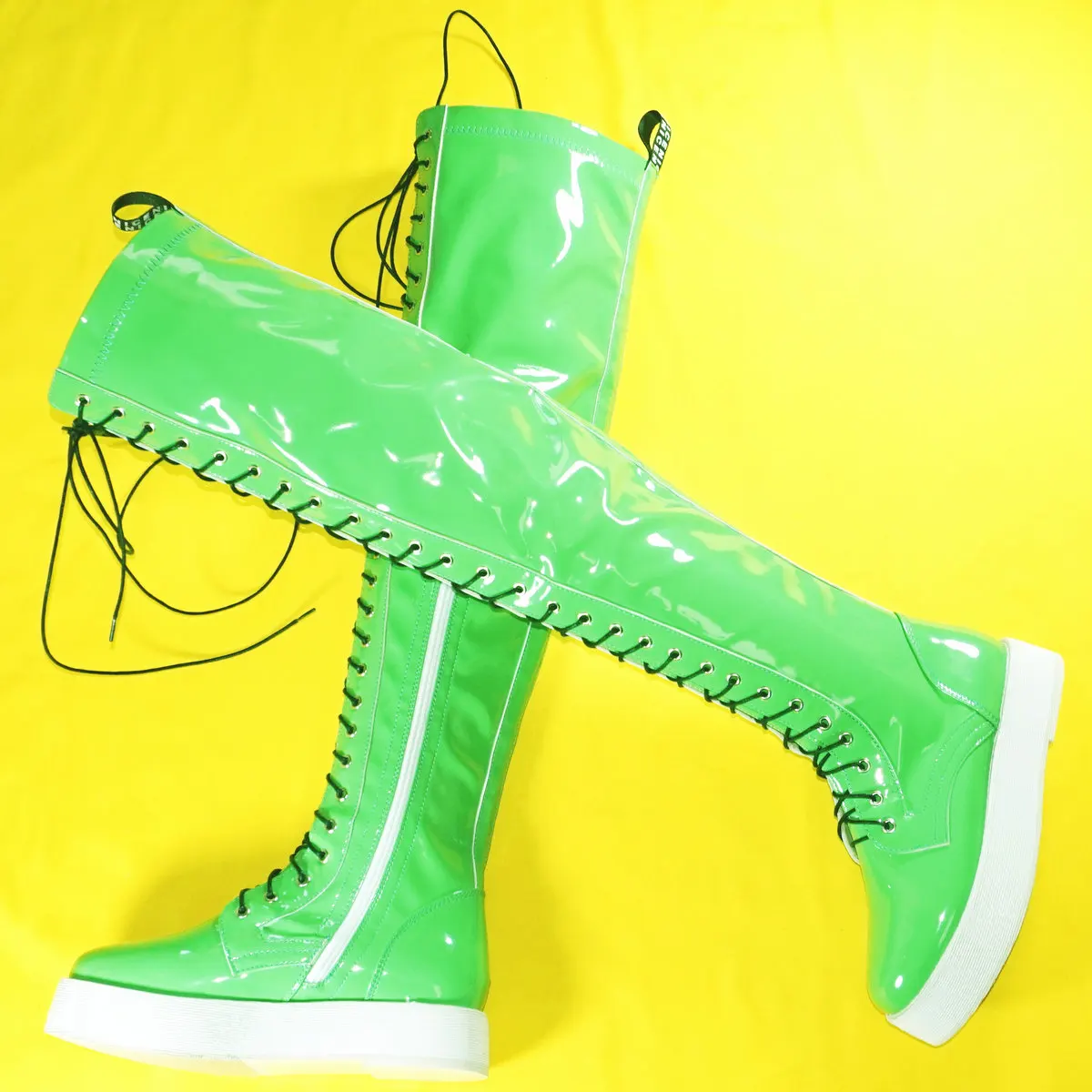 

Thigh High Platform Pumps Shoes Women Lace Up Patent Leather Over The Knee Boots Female Round Toe Fashion Sneakers Casual Shoes