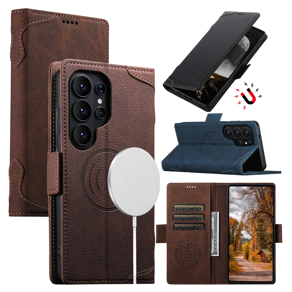 Wireless Charging Flip Leather Phone Case with Stand and Magnetic Card Slot