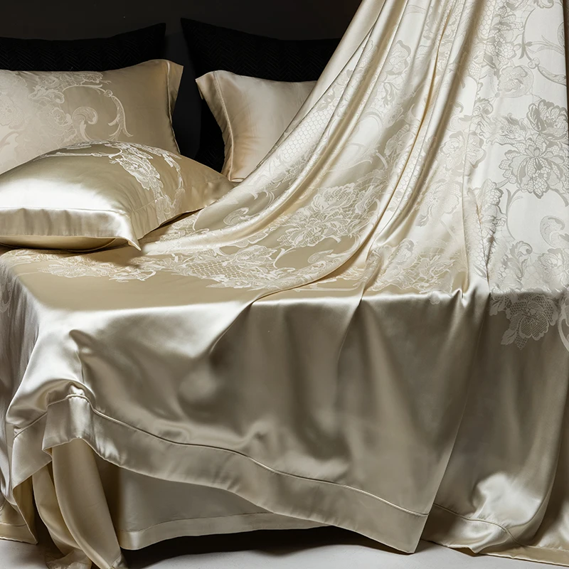 4Pcs Champagne Silk Damask Jacquard Egyptian Cotton Patchwork Luxury Bedding Set Duvet Cover Flat/Fitted Bed Sheet Pillowcases 2