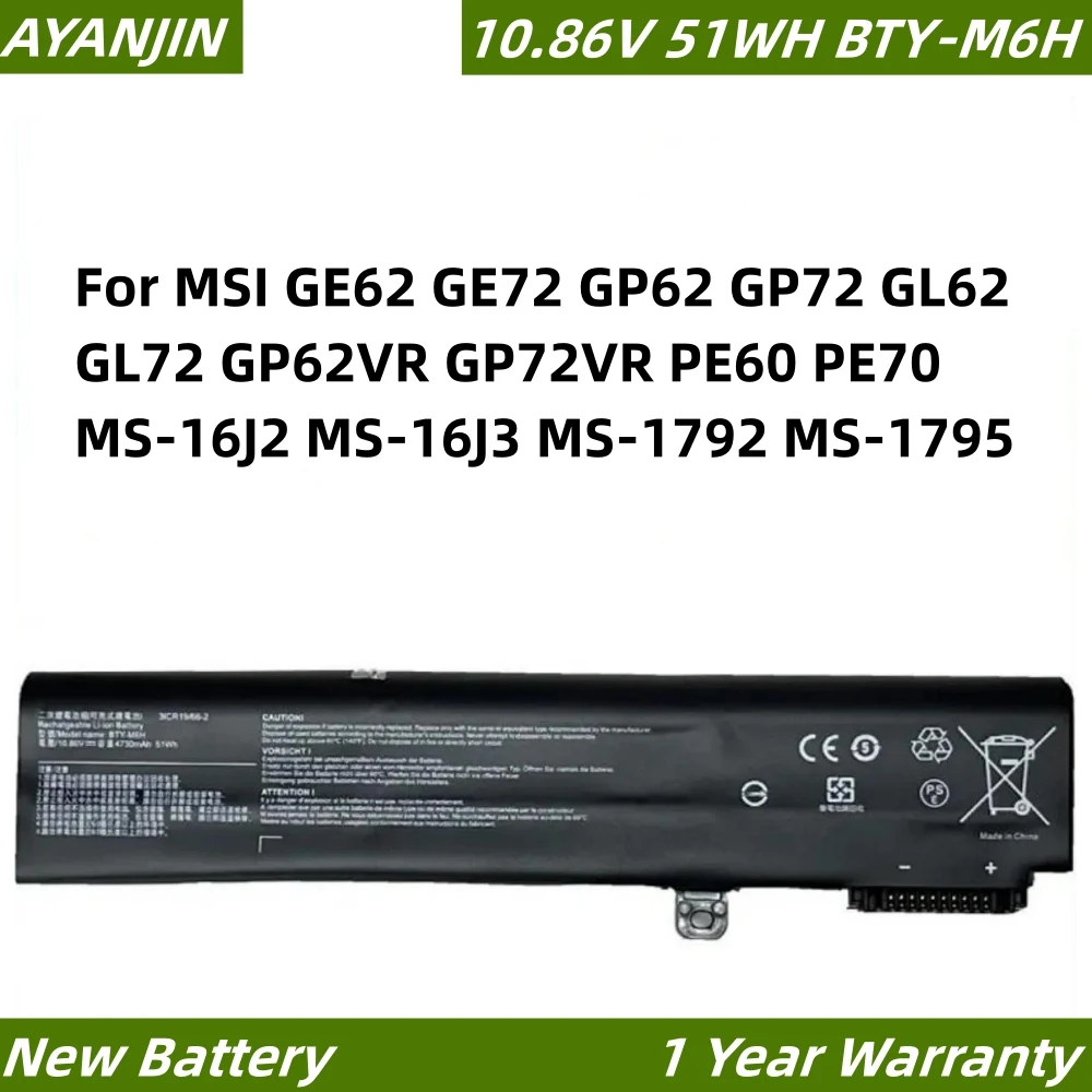 BTY-M6H 10.86V 51WH Laptop Battery For MSI GE62 GE72 GP62 GP72 GL62 GL72 GP62VR GP72VR PE60 PE70 MS-16J2 MS-16J3 MS-1792 MS-1795 new laptop cooling fan for msi ge72 ge62 pe60 pe70 gl62 gl72 2qd 2qe 2qf 007x 053x 216xcn paad06015sl for gpu cooler radiator