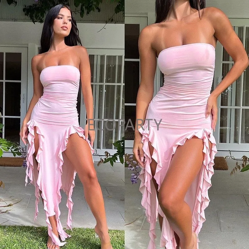 Holiday Style Green Strapless Ice Silk Waist Cinching Dress Summer EE1015 main image 0