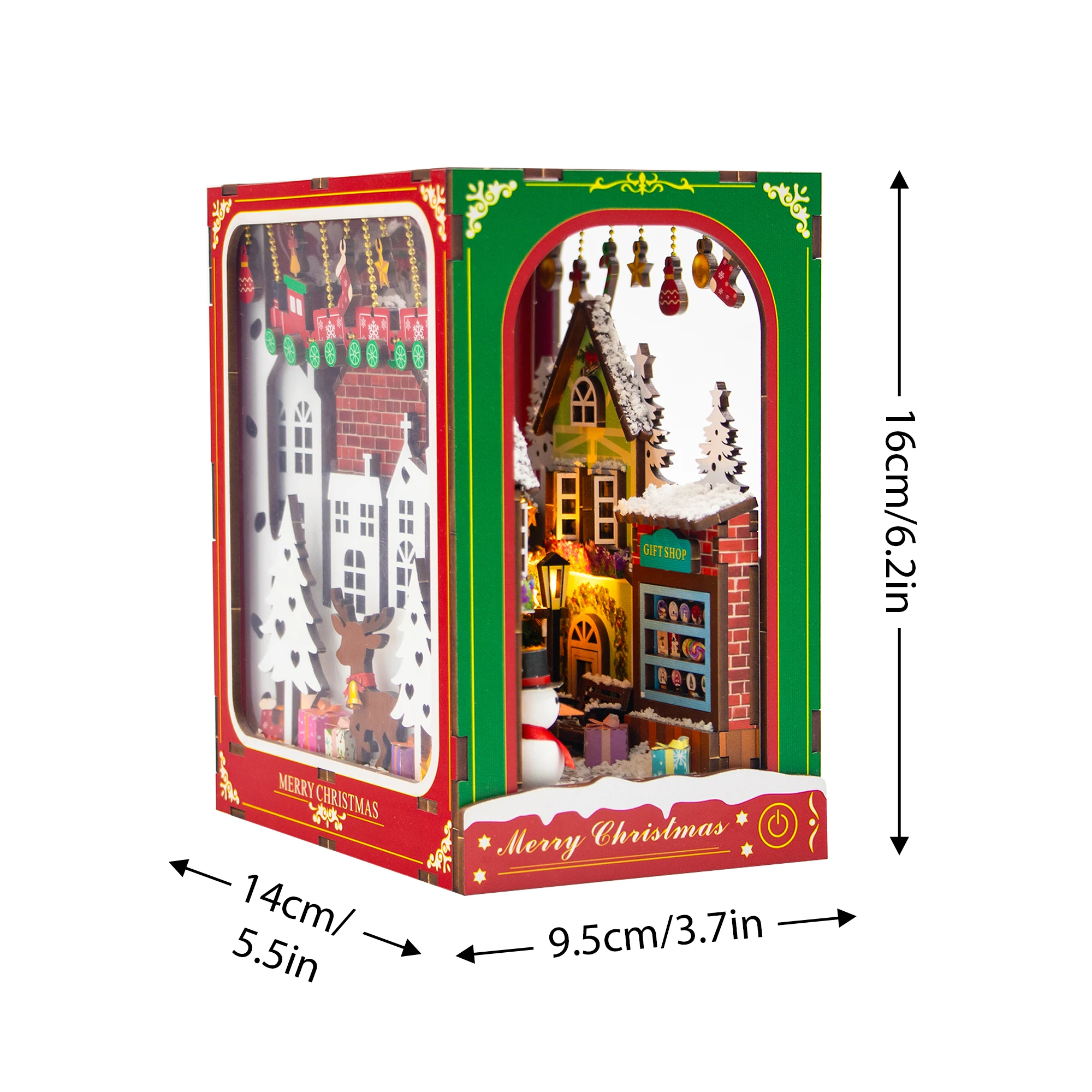 DIY Wooden Winter of Christmas Book Nook Shelf Insert Miniature Model Kits With Furniture Lights Bookshelf Bookend Friends Gifts 6