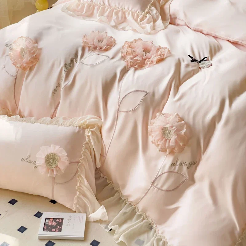

Pink Princess Bedding Set Handmade Flowers Embroidery Lace Ruffle Eucalyptus Lyocell Soft Silky Duvet Cover Bed Sheet Pillowcase
