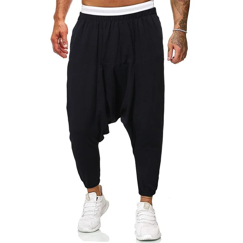 Men Cotton Linen Harem Pants Elastic Waist Streetwear Joggers Baggy Drop-crotch