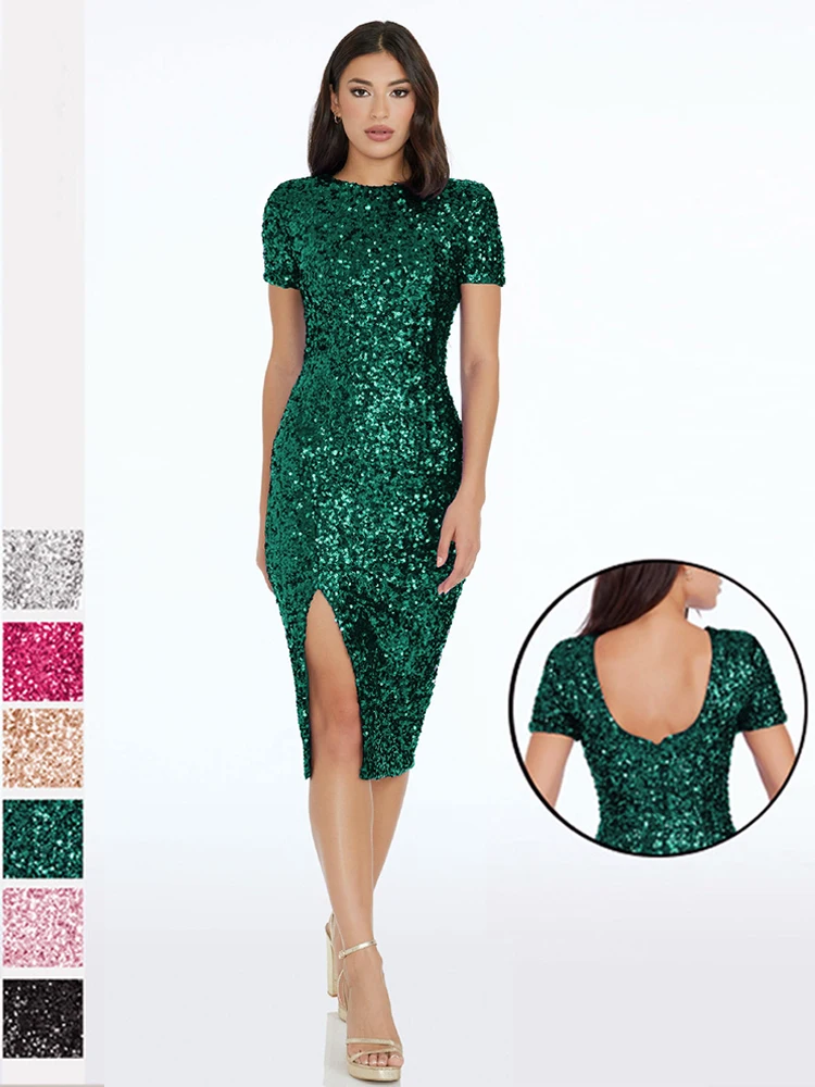 

Sexy Vintage Backless Short Sleeve Mini Dress Ladies Elegant Split Dress Autumn Shiny Sequins Bodycon Club Party Dresses