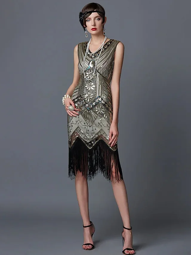 Women's 1920s  V-Neck Sequin Fringed Sleeveless Party Costumes Vintage Flapper Gatsby Tassel Evening Midi Dress