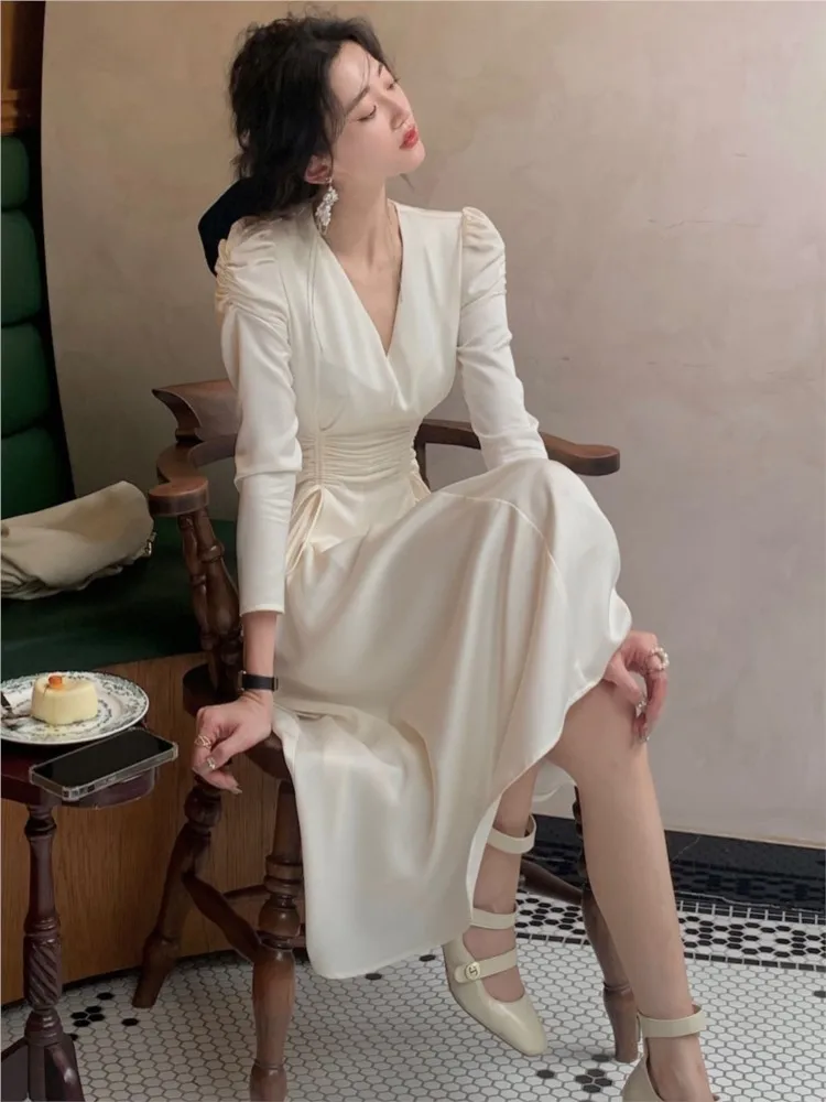 

Vintage Drawstring Slim V neck Dress For Women Elegant Sexy One Piece Party Dresses 2022 Autumn Long Sleeve Vestidos