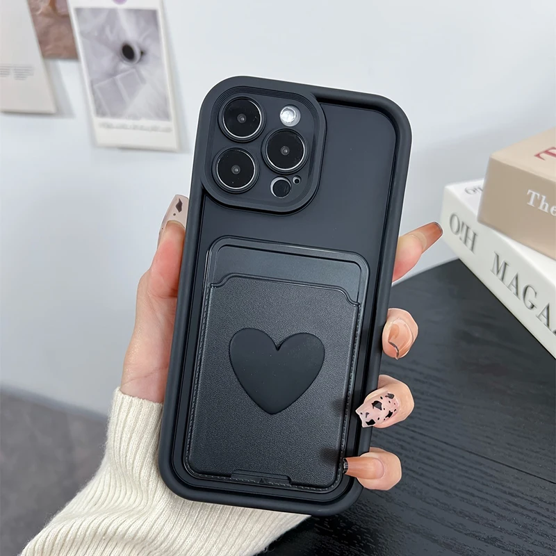 3D Love Heart Silicone Card Holder Phone Case - Shockproof Pocket Cover