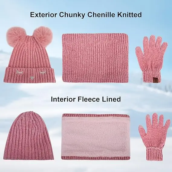 3 Pack Kids Hat Scarf Gloves Sets Winter Warm Pom Beanie Hat Fleece Lined Neck Warmer for Girls Boys 2-6