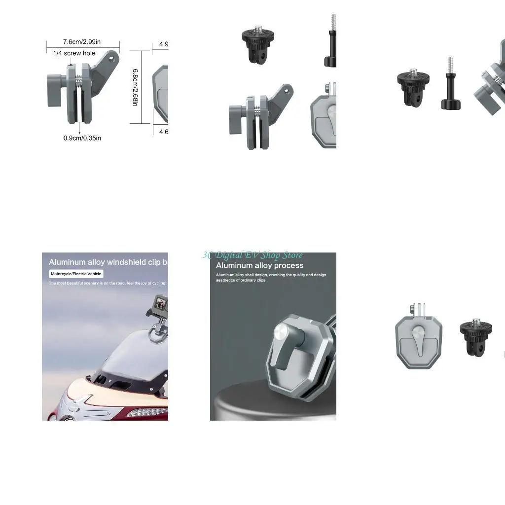 Support Moto Caméra Action 360° - Pince Pare-Brise Aluminium