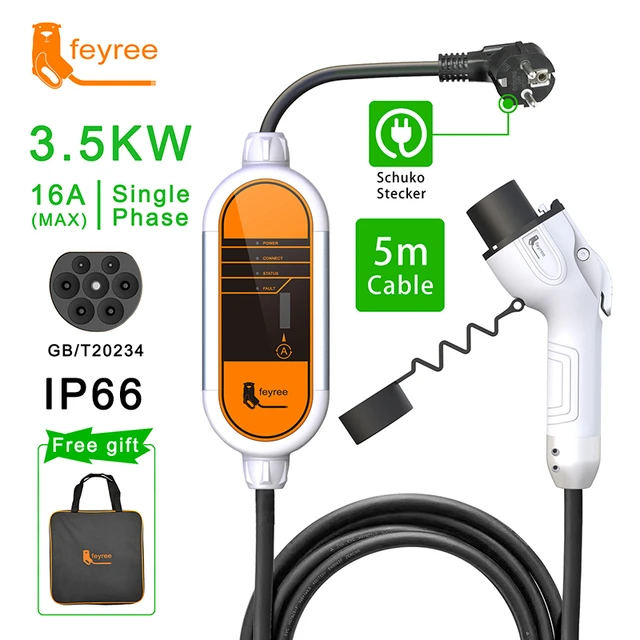 Feyree Ev Chargeur Portable Type2 Cordon Iec62196 Prise 3.5kw 16A 5m Câble  Type1 J1772 Adaptateur avec prise Schuko pour voiture électrique