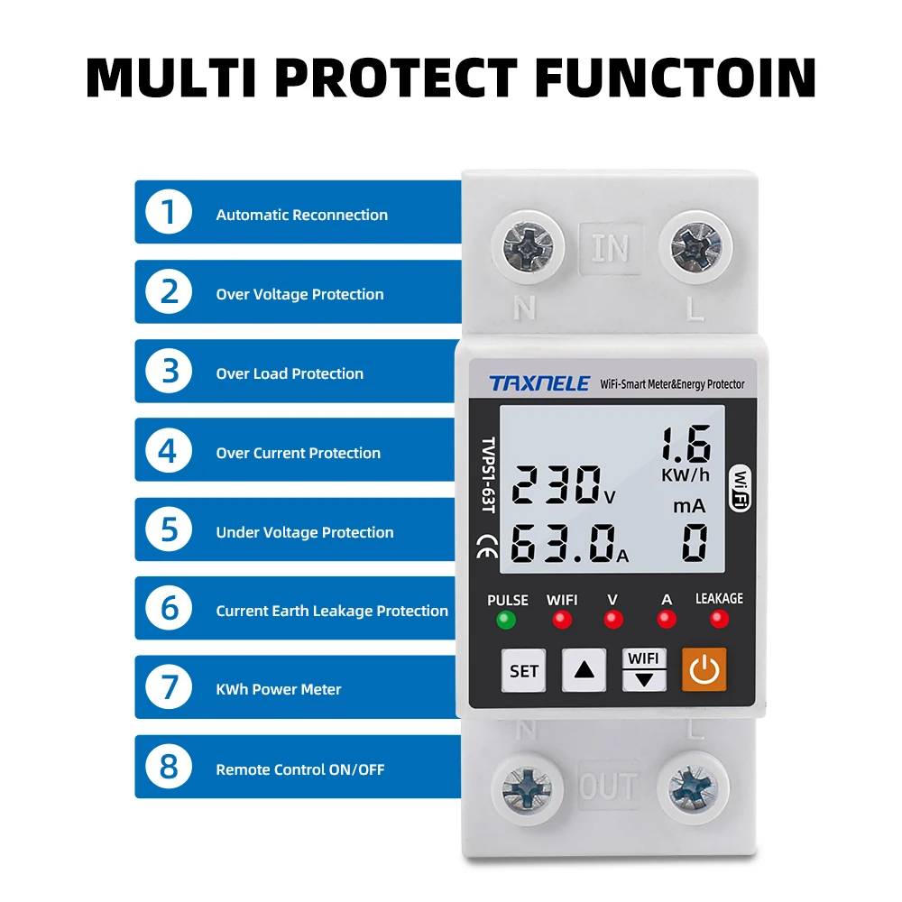 Protector Tensión Monofásico Wifi 63a Smart life multifunción medidor  consumo protección sobre corriente detección fuga amperímetro voltímetro  parámetros configurables Tbcin