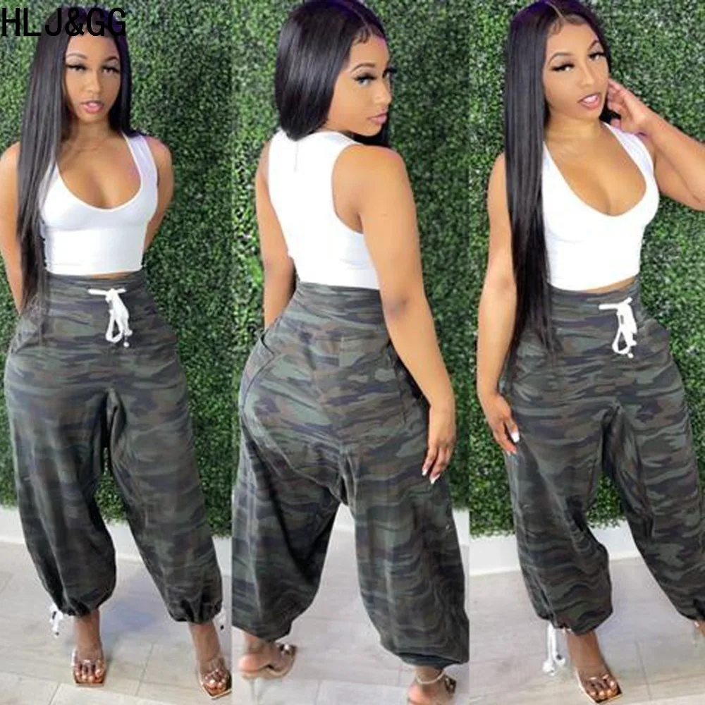 HLJ&GG Casual Camouflage Printing Drawstring Jogger Pants Women High Waist Pocket Loose Trousers Autumn Female Matching Bottoms
